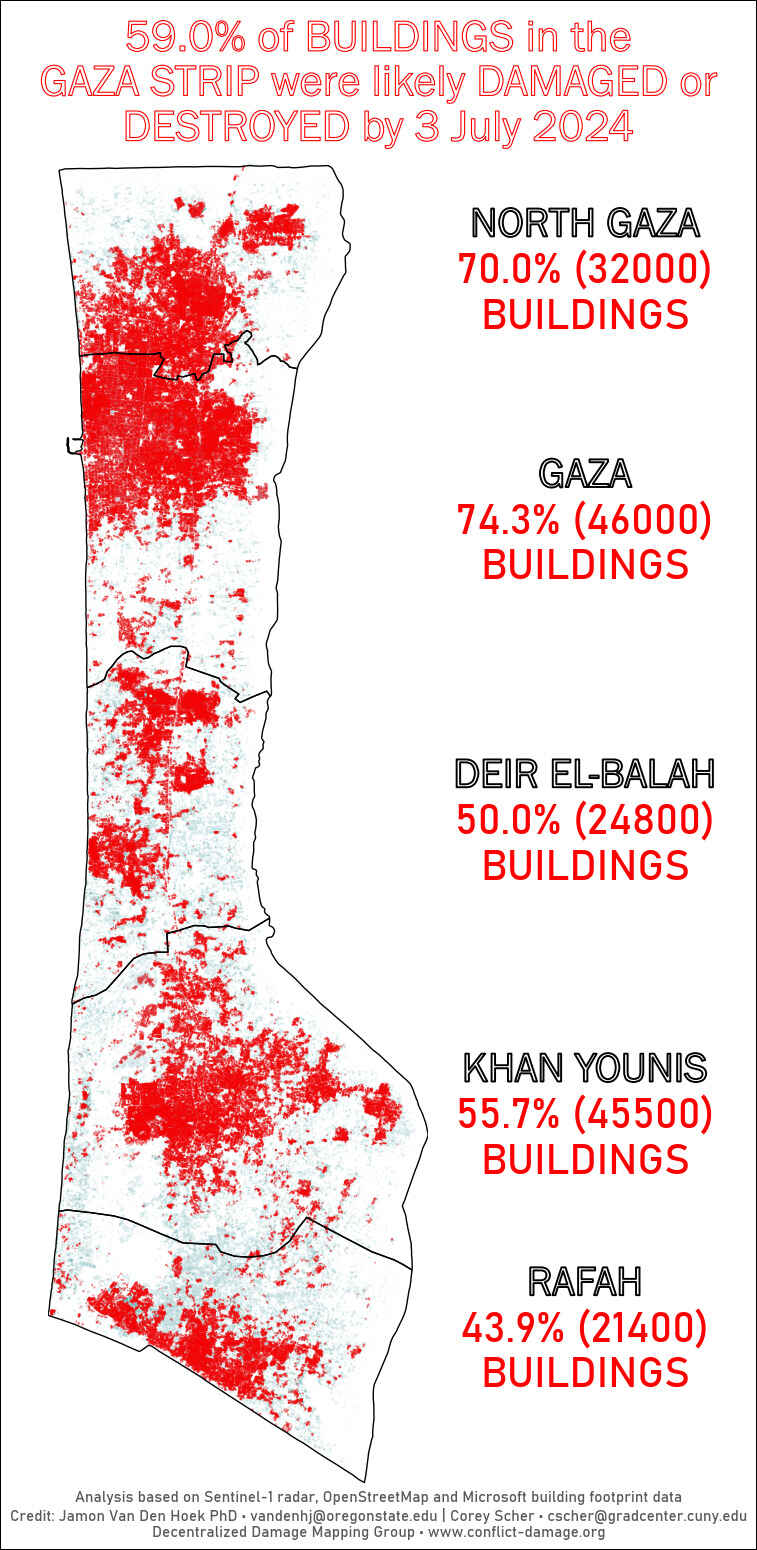 a schematic map of the Gaza strip showing that 59% of buildings in the Gaza strip were likely damaged or destroyed by July 3, 2024