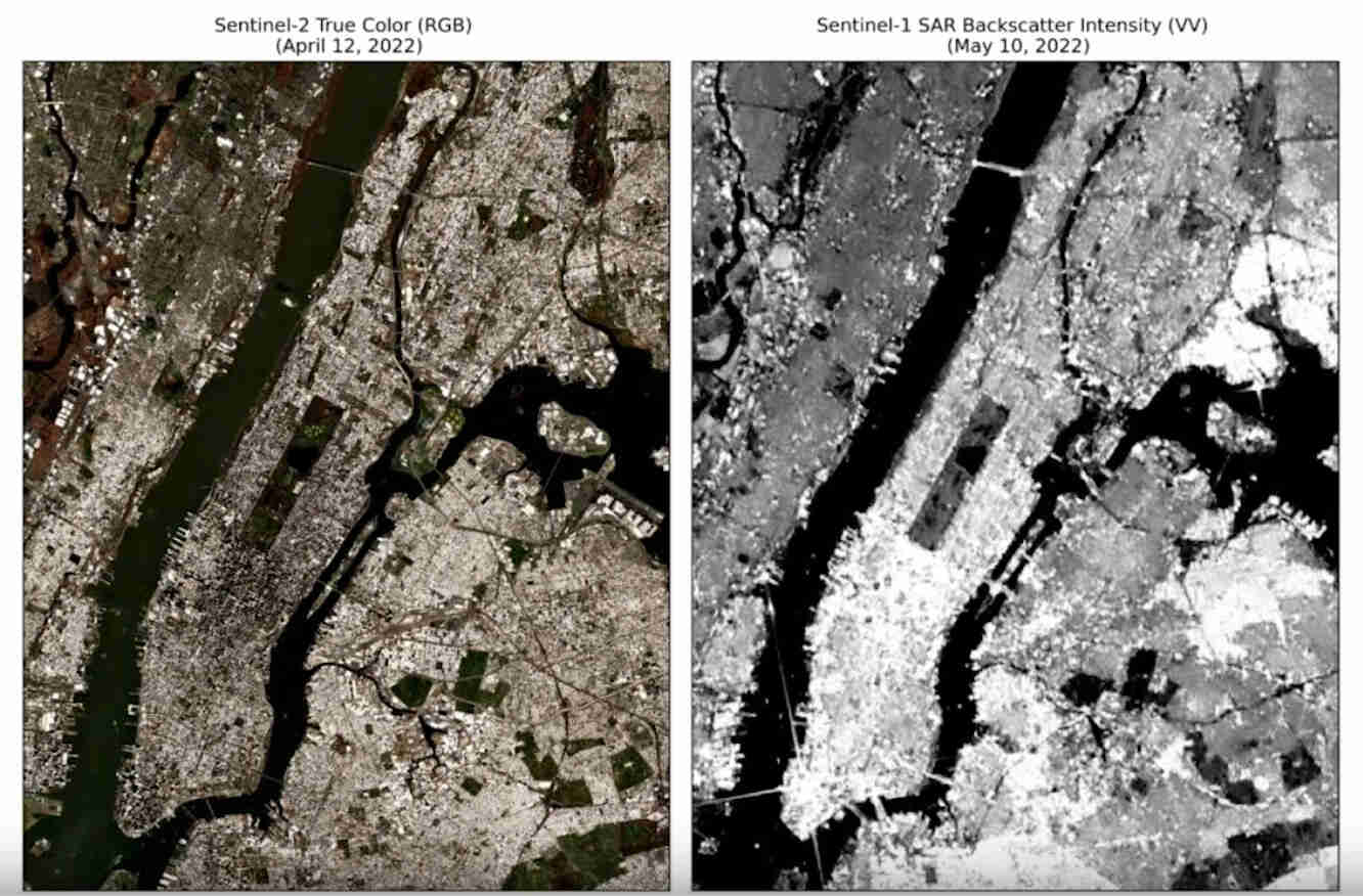 A true color satellite image of New York City, juxtaposed against a SAR image of the exact same region