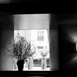 black and white view of a bright window from a dark room. the window looks out to a nyc street and a citibike rack. the view is partially obscured by a potted plant. the room is dimly lit by a wall-mounted lamp.