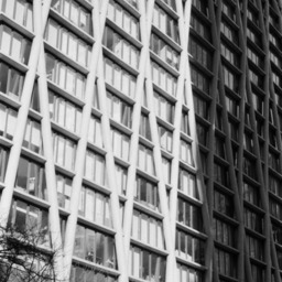 a building with prominent exterior triangular supports lies partly in shadow and partly in direct sunlight. the contrast is captured starkly in this black and white over-exposed photo