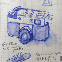 a journal page with two fountain pen ink and wash sketches in blue. the sketch on top is of a fujifilm x-half camera, while the one on the bottom is a simple band-aid. there is some japanese journaling written in pencil here and there